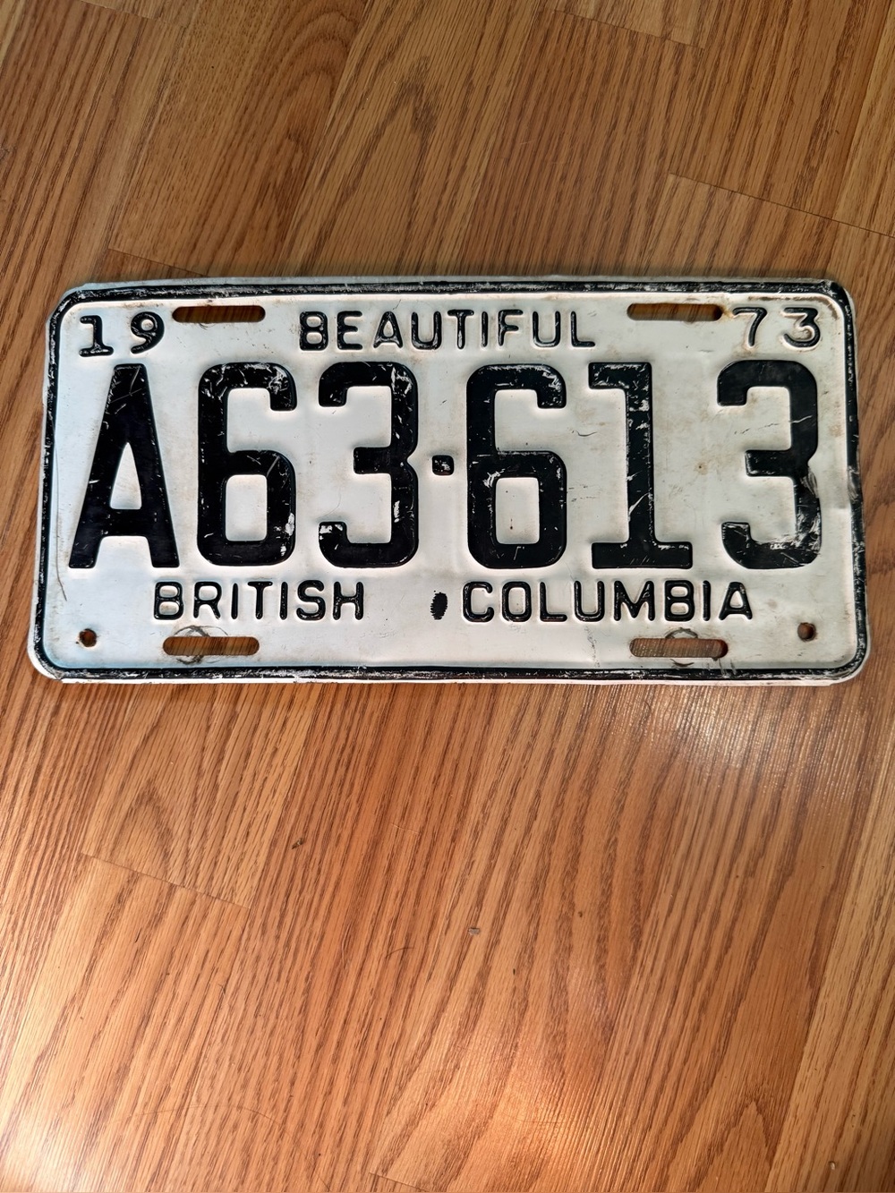 Vintage British Columbia White & Black License Plate Accent, 1973